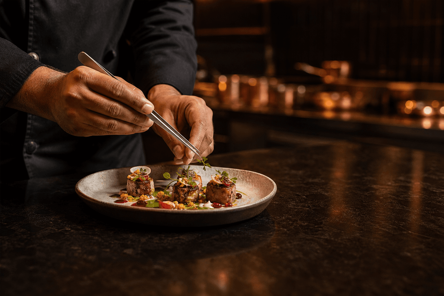 A chef precisely finishes a tasting plate at the pass